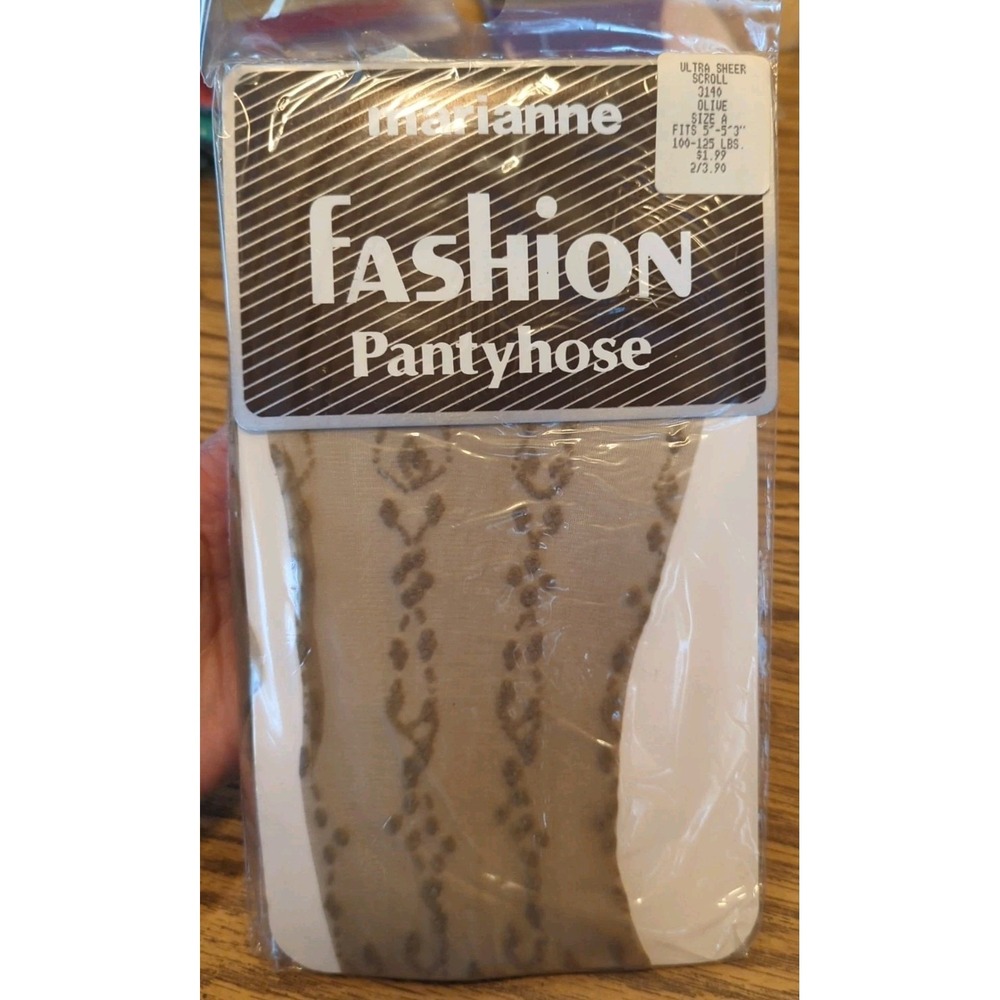 New Vintage Marianne‎ Fashion Pantyhose Ultra Sheer Olive Color Scroll Size A